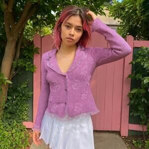 Ichioku Crinkle Cardigan Womens Medium 2 Purple Floral Japanese Designer Y2K